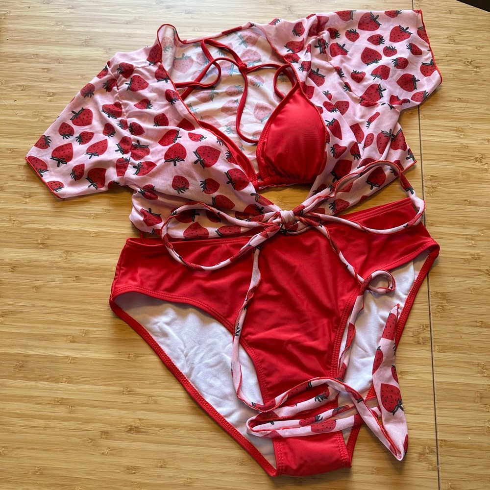 Three piece strawberry swimsuit with coverup new - Picture 3 of 3